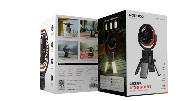 خرید انلاین پنکه شارژی خورشیدی و پاوربانک پرودو مدل SUNCHARGE